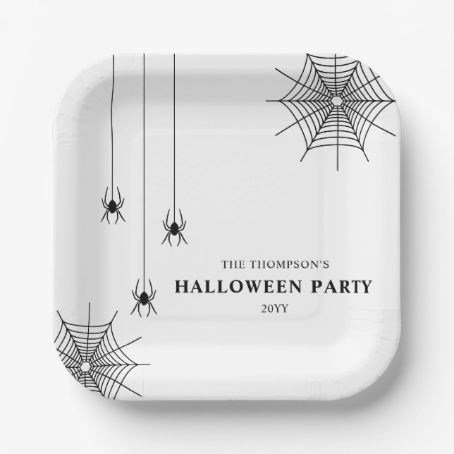 Black White Spiders And Spiderweb Simple Halloween Paper Plates (Front)