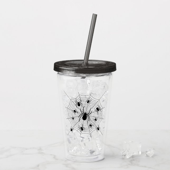 Black White spiders spiderweb Halloween pattern Acrylic Tumbler (Back Ice)