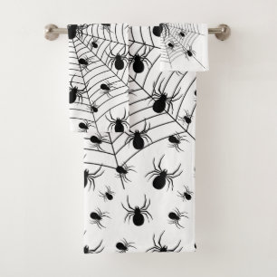 Black White spiders spiderweb Halloween pattern Bath Towel Set