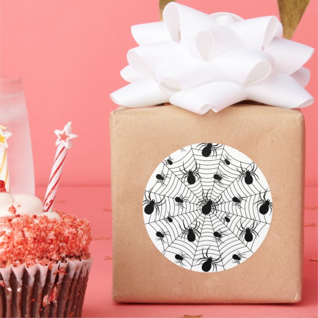 Black White spiders spiderweb Halloween pattern Classic Round Sticker (Party)