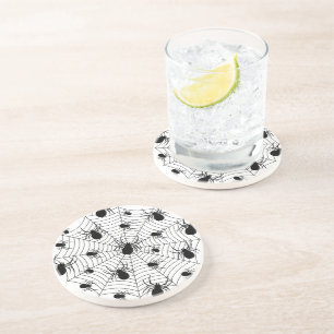 Black White spiders spiderweb Halloween pattern Coaster