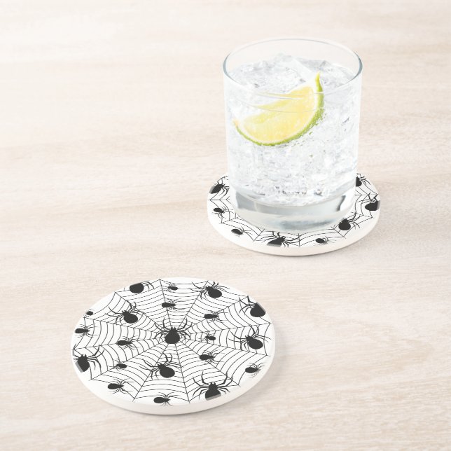Black White spiders spiderweb Halloween pattern Coaster (Side)