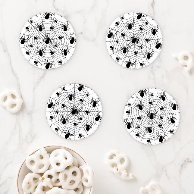 Black White spiders spiderweb Halloween pattern Coaster Set (In Situ)