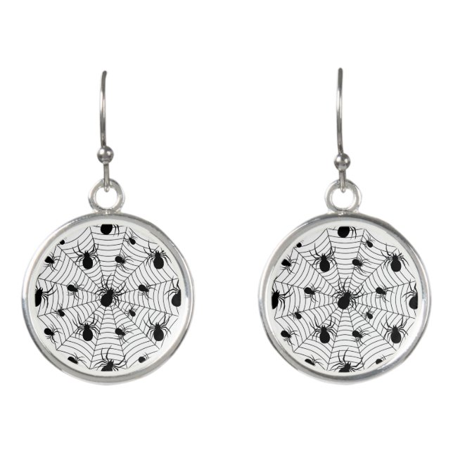 Black White spiders spiderweb Halloween pattern Earrings (Front)