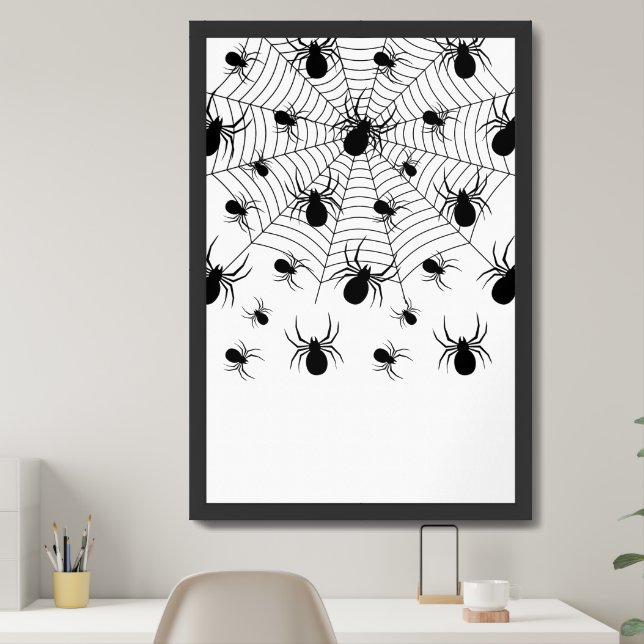 Black White spiders spiderweb Halloween pattern Framed Art (Home Office)