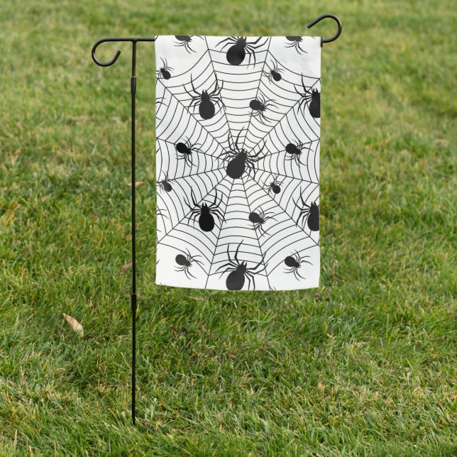 Black White spiders spiderweb Halloween pattern Garden Flag (In SItu)