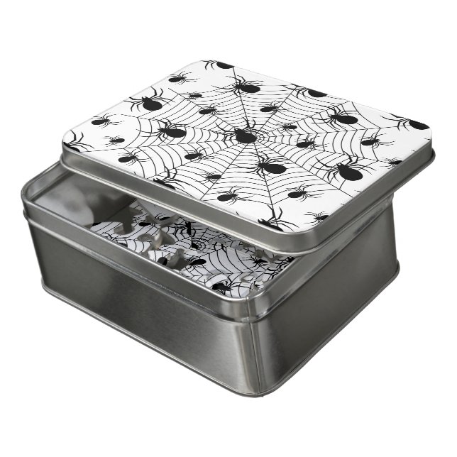 Black White spiders spiderweb Halloween pattern Jigsaw Puzzle (Lid Open)