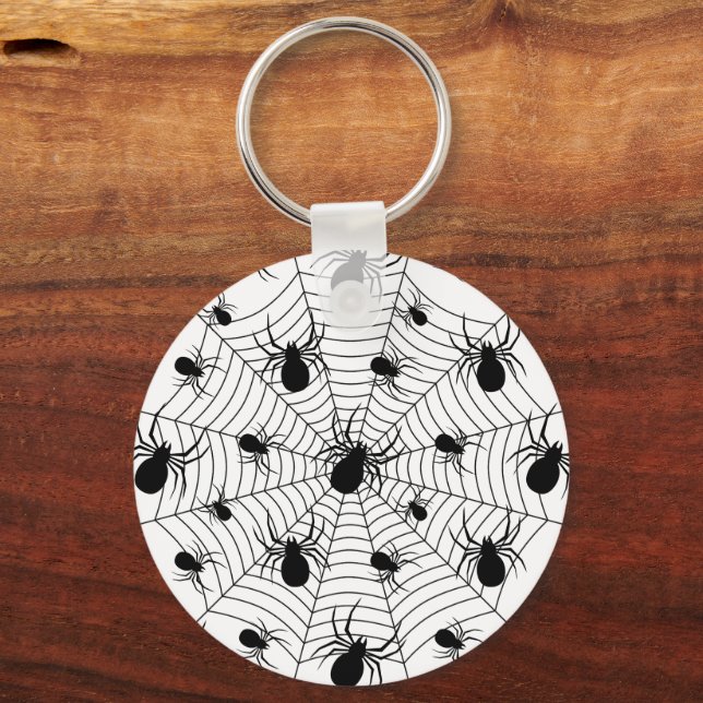 Black White spiders spiderweb Halloween pattern Keychain (Front)