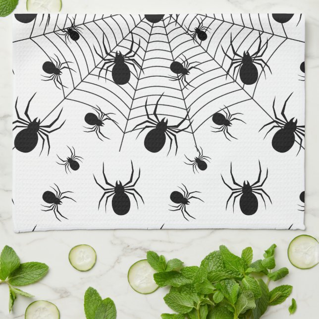 Black White spiders spiderweb Halloween pattern Kitchen Towel (Folded)
