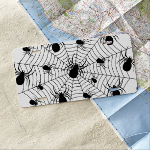 Black White spiders spiderweb Halloween pattern License Plate