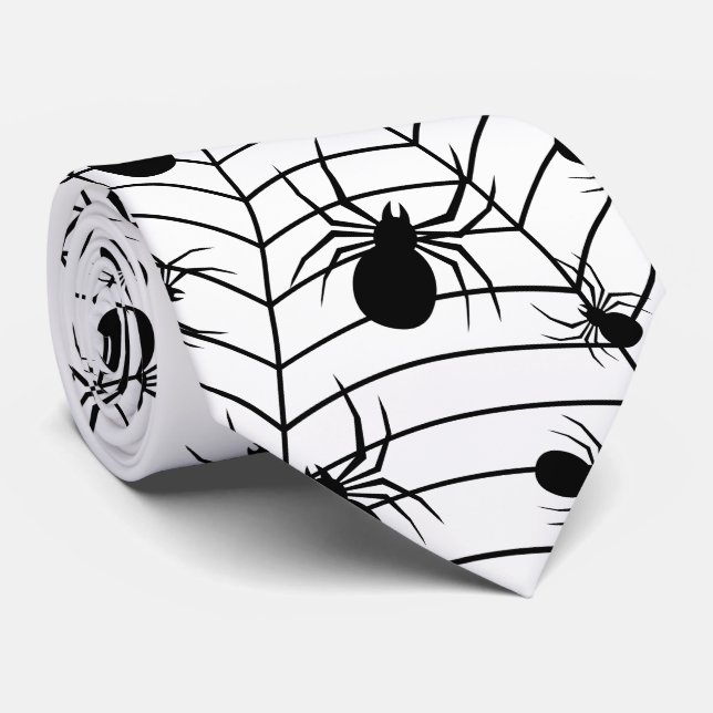 Black White spiders spiderweb Halloween pattern Neck Tie (Rolled)