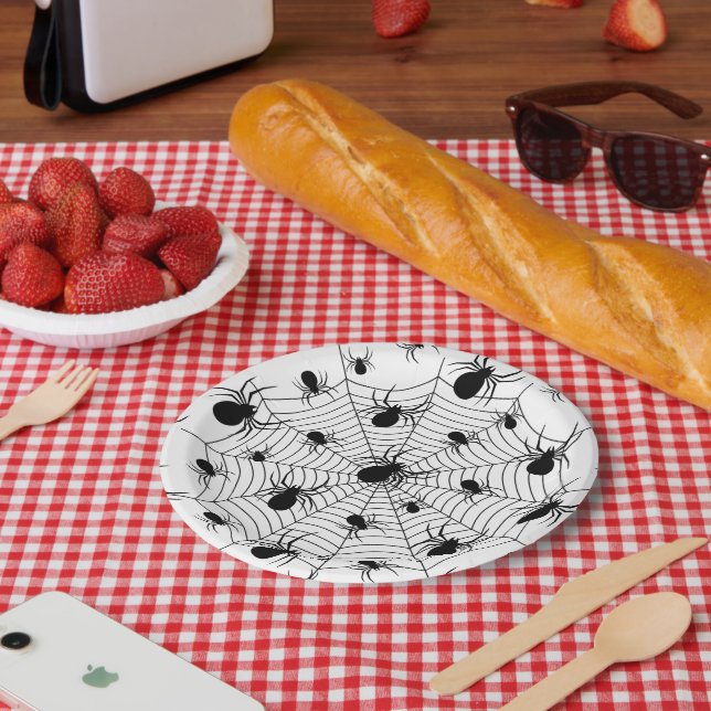 Black White spiders spiderweb Halloween pattern Paper Plates (Picnic)