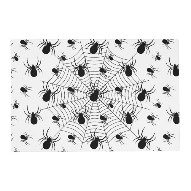 Black White spiders spiderweb Halloween pattern Placemat (Front)