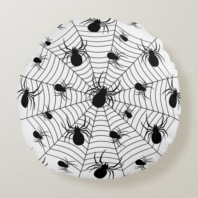 Black White spiders spiderweb Halloween pattern Round Pillow (Front)
