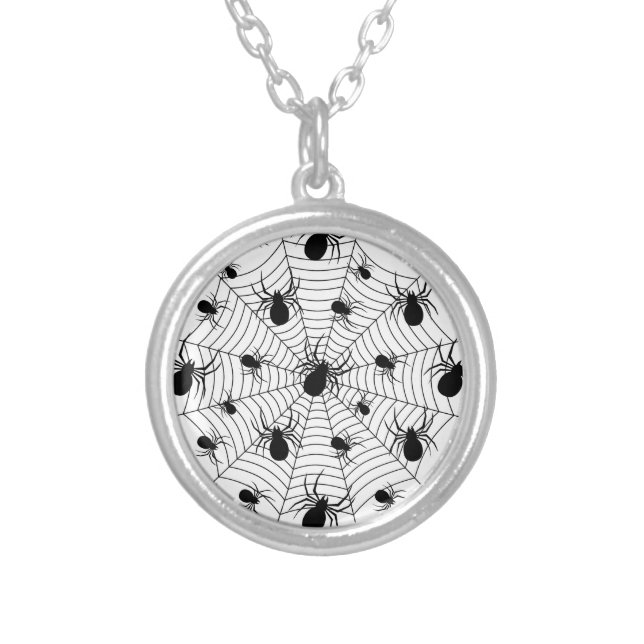 Black White spiders spiderweb Halloween pattern Silver Plated Necklace (Front)