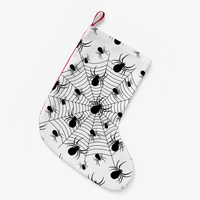 Black White spiders spiderweb Halloween pattern Small Christmas Stocking (Front (Hanging))