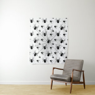 Black White spiders spiderweb Halloween pattern Tapestry