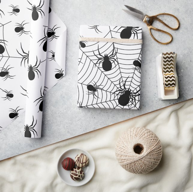 Black White spiders spiderweb Halloween pattern Wrapping Paper (Crafts)