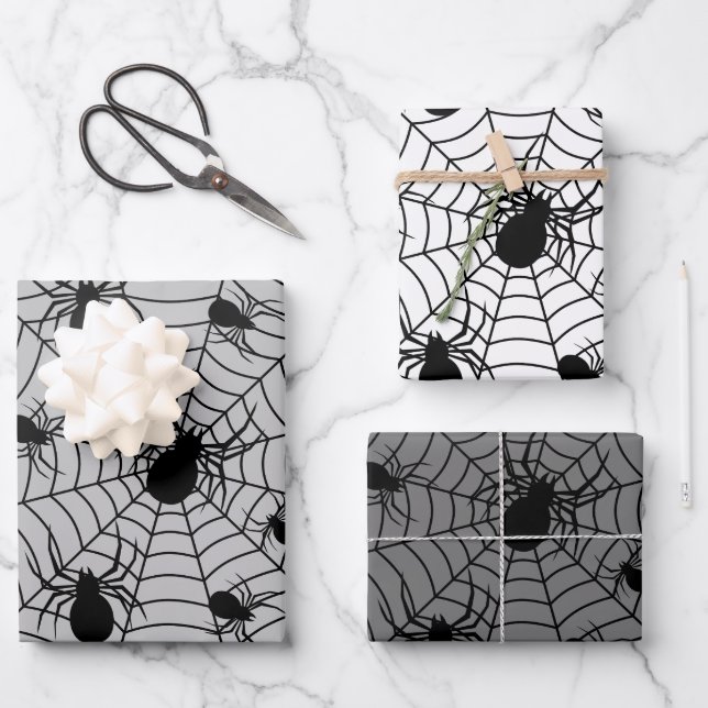 Black White spiders spiderweb Halloween pattern Wrapping Paper Sheets (Front)