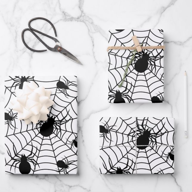 Black White spiders spiderweb Halloween pattern Wrapping Paper Sheets (Front)
