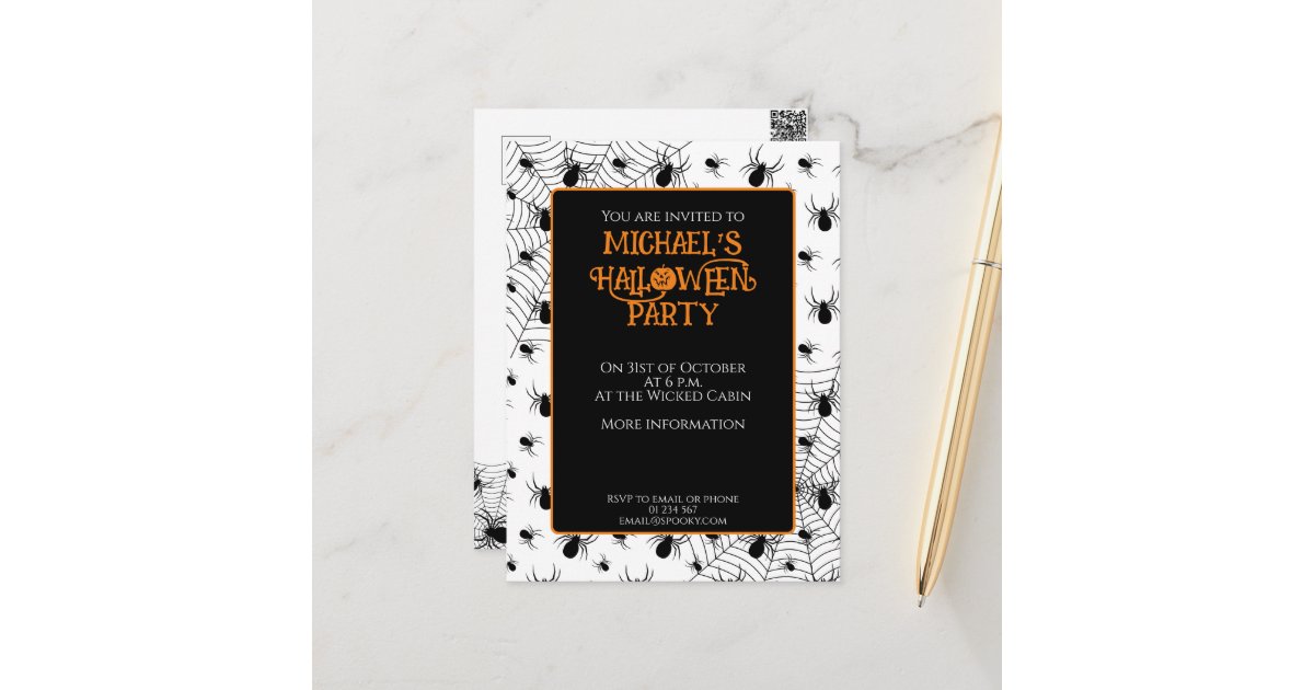 Black White spiders web Halloween party invitation Postcard | Zazzle