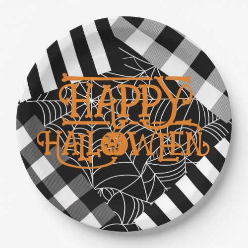Black  White Spiderweb Patchwork Halloween Party Paper Plates