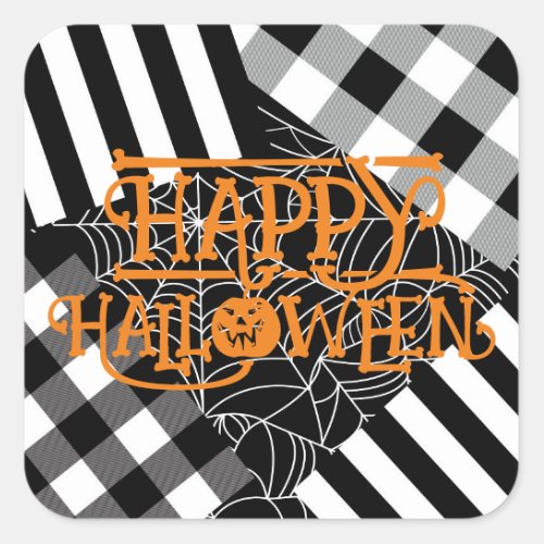 Black  White Spiderweb Patchwork Halloween Party Square Sticker