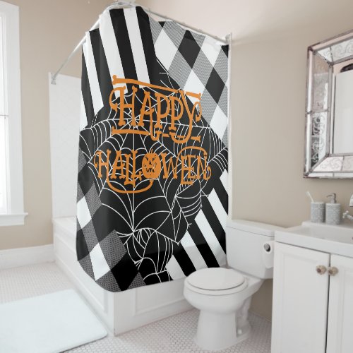 Black  White Spiderweb Patchwork Halloween  Shower Curtain