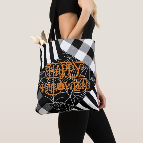 Black  White Spiderweb Patchwork Halloween  Tote Bag