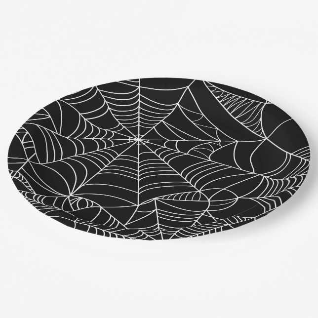 Black & White Spiderwebs Halloween Party Paper Plates (Angled)