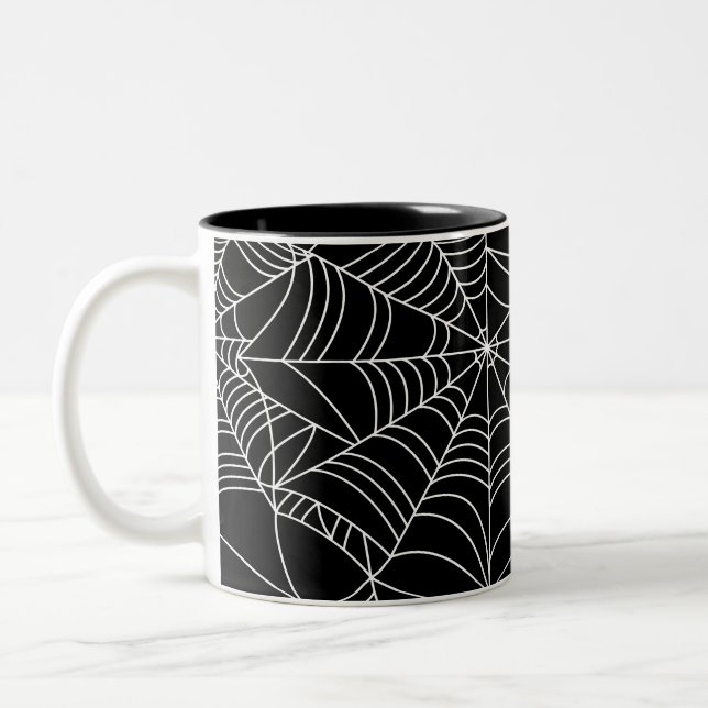 Black & White Spiderwebs Halloween Party Two-Tone Coffee Mug (Left)