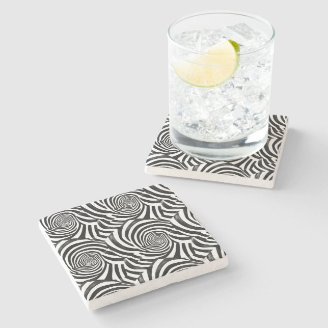 Black White Spirals Stone Coaster (Side)