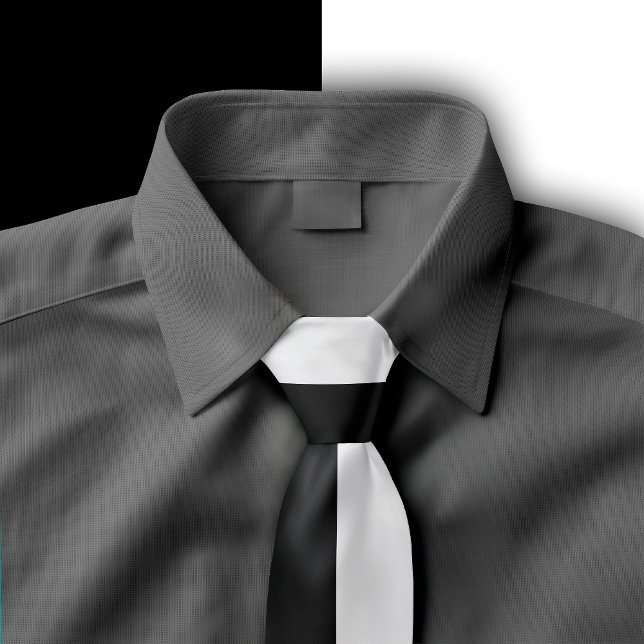 Black & White Split Color Design Neck Tie (Black and White split color tie displayed on a dark grey shirt.)
