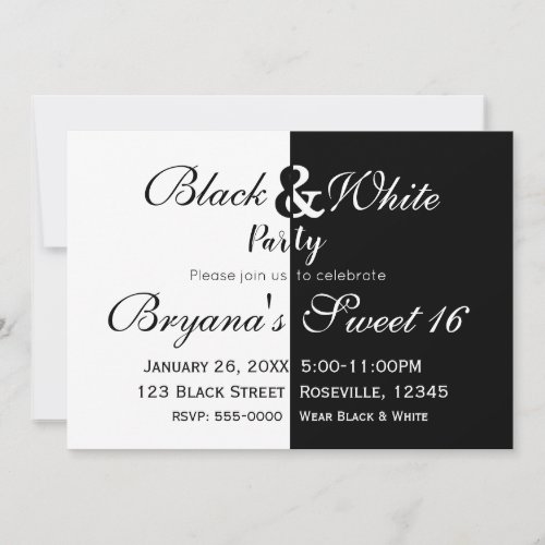 Black  White Split Half Birthday Party Elegant Invitation