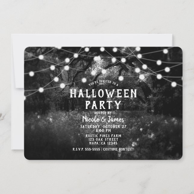 Black White Spooky Enchanted Forest Lights Invitation (Front)