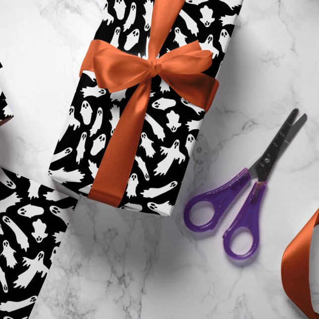 Black White Spooky Ghosts Halloween Pattern Wrapping Paper (Creator Uploaded)