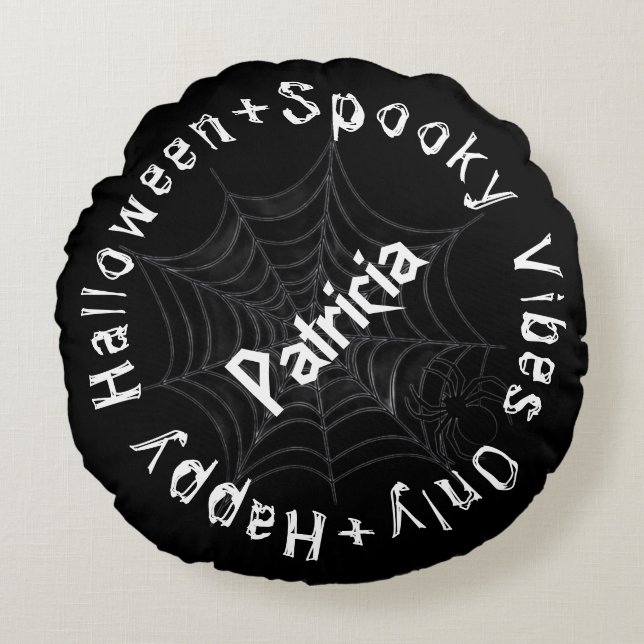 Black & White Spooky Vibes Happy Halloween T-Shirt Round Pillow (Front)