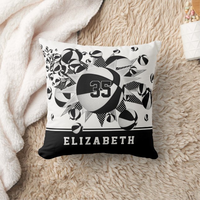 black white sports room girls basketballs stars throw pillow (Blanket)