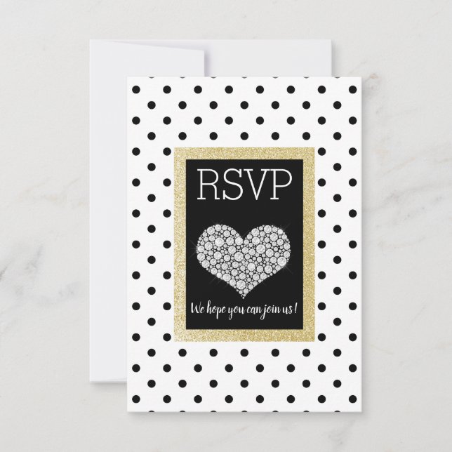 Black White SPOT Gold Heart RSVP simple elegant Card (Front)
