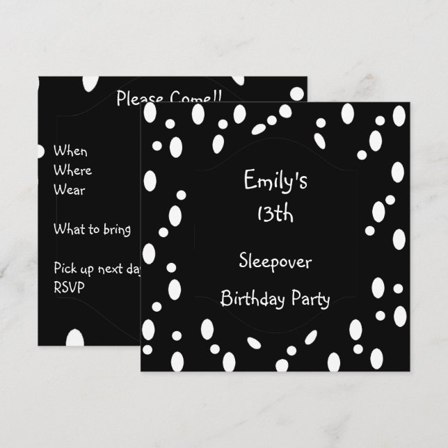 Black White Spots 13th Birthday Sleepover Invitation (Front/Back)