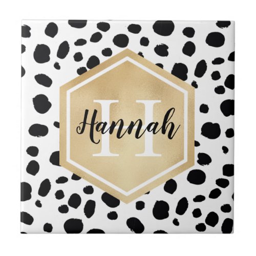 Black White Spots Pattern Gold Monogram Ceramic Tile