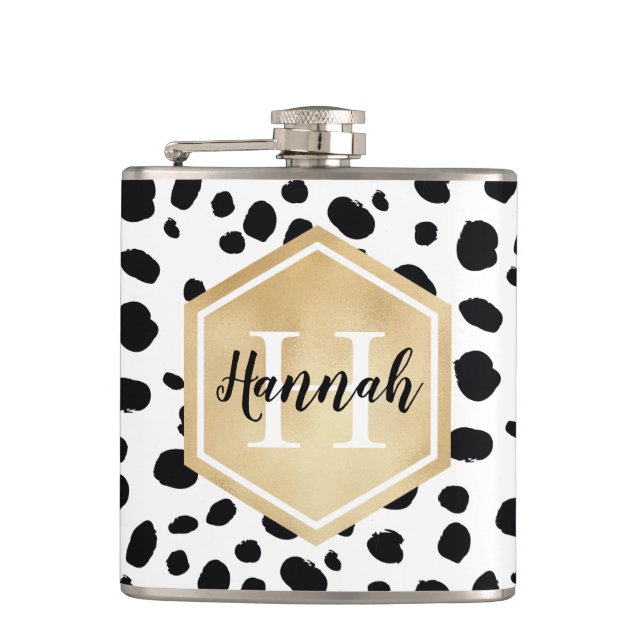 Black White Spots Pattern Gold Monogram Flask (Front)