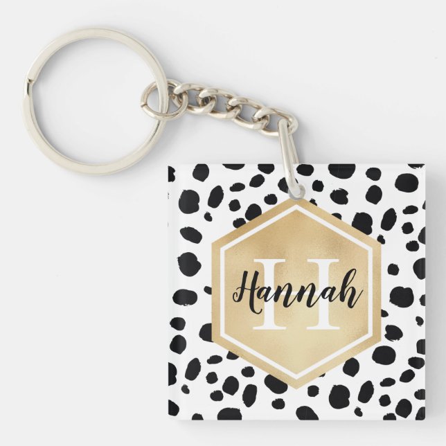 Black White Spots Pattern Gold Monogram Keychain (Front)