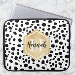 Black White Spots Pattern Gold Monogram Laptop Sleeve<br><div class="desc">Stylish Dalmatian spots pattern with a faux gold foil label featuring customizable name and monogram templates. A cute monogrammed laptop sleeve with black and white spots pattern and golden elements.  To change the font colors and font styles click the "personalize" button and then click the "customize further" button.</div>