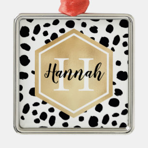 Black White Spots Pattern Gold Monogram Metal Ornament
