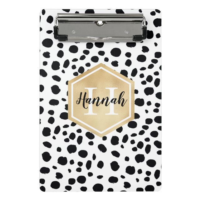 Black White Spots Pattern Gold Monogram Mini Clipboard (Front)