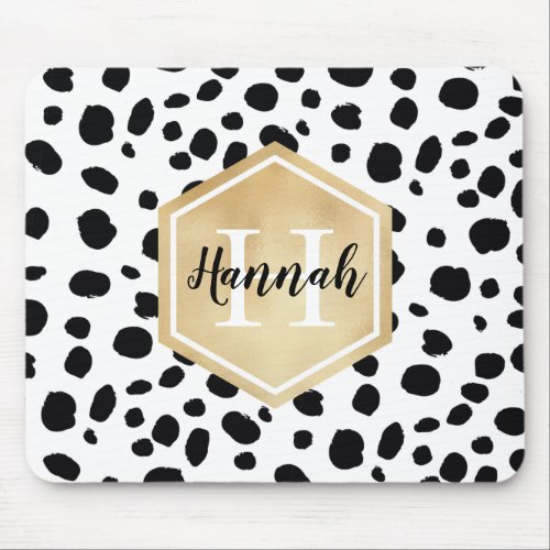 Black White Spots Pattern Gold Monogram Mouse Pad