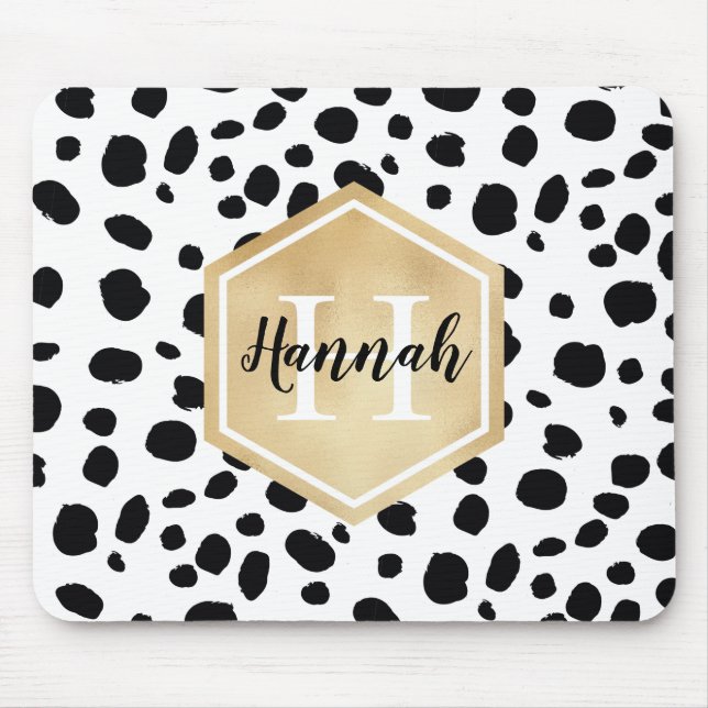 Black White Spots Pattern Gold Monogram Mouse Pad (Front)