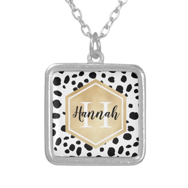 Black White Spots Pattern Gold Monogram Silver Plated Necklace (Front)