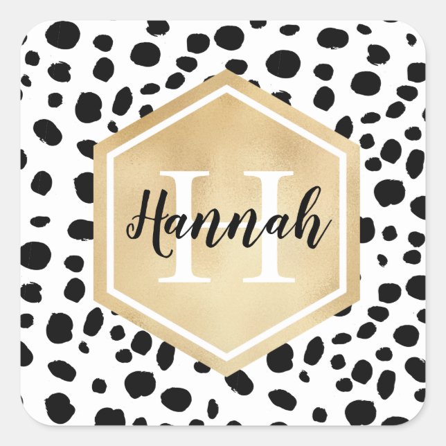 Black White Spots Pattern Gold Monogram Square Sticker (Front)